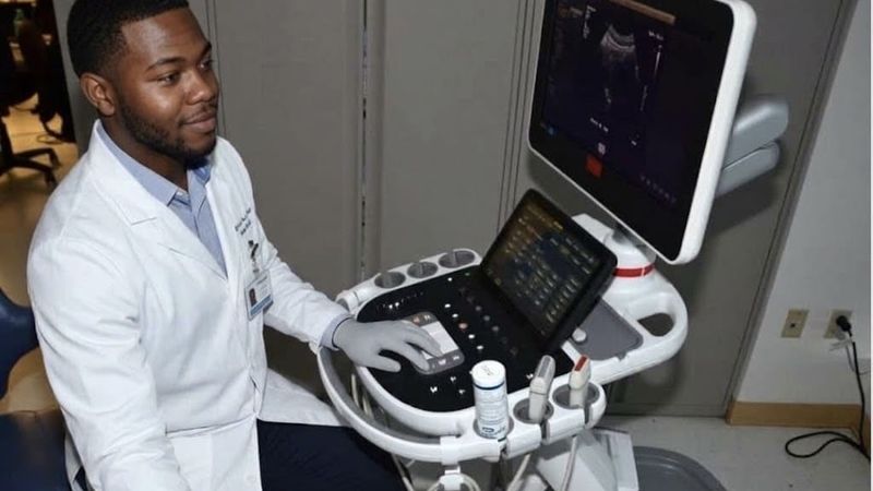 Sonographer in a white coat and gloves operating an ultrasound machine, with a scan image on the monitor