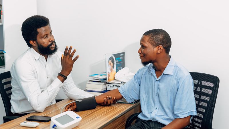 Health worker talking with a patient across a desk during a consultation, with a blood pressure cuff on the patient’s arm